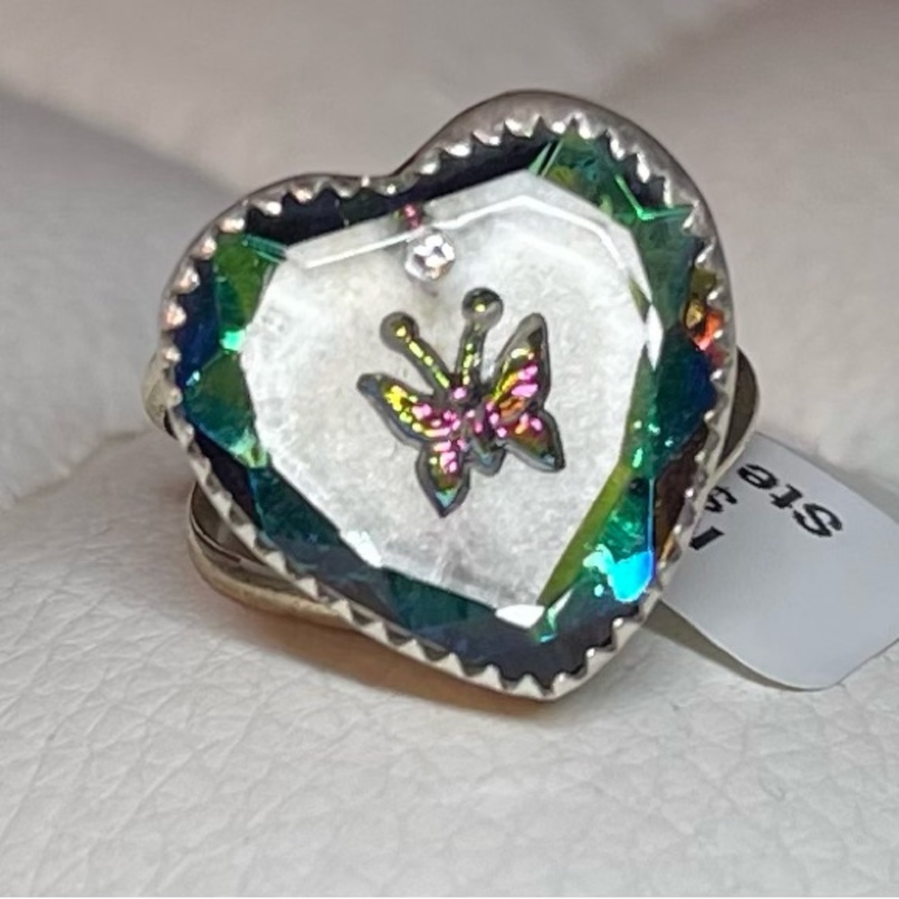 M&S Sterling Silver and European Engraved Glass Butterfly Ring Size 7